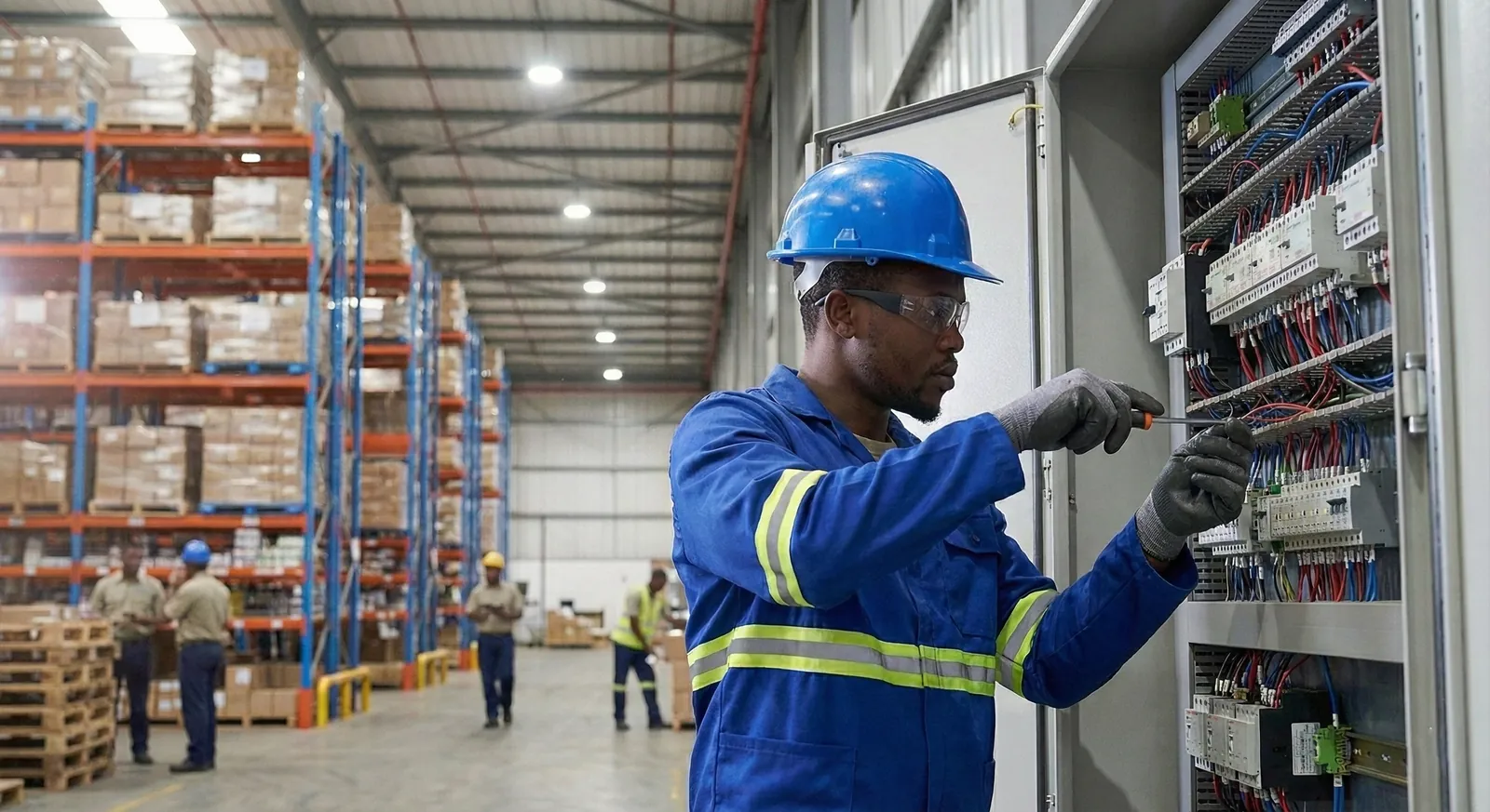 Electrical contractor wiring a distribution board in a warehouse