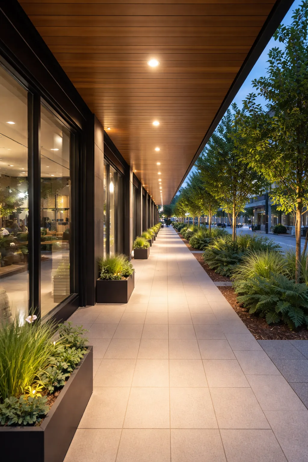 Recessed downlights in a timber soffit along a covered exterior walkway at dusk