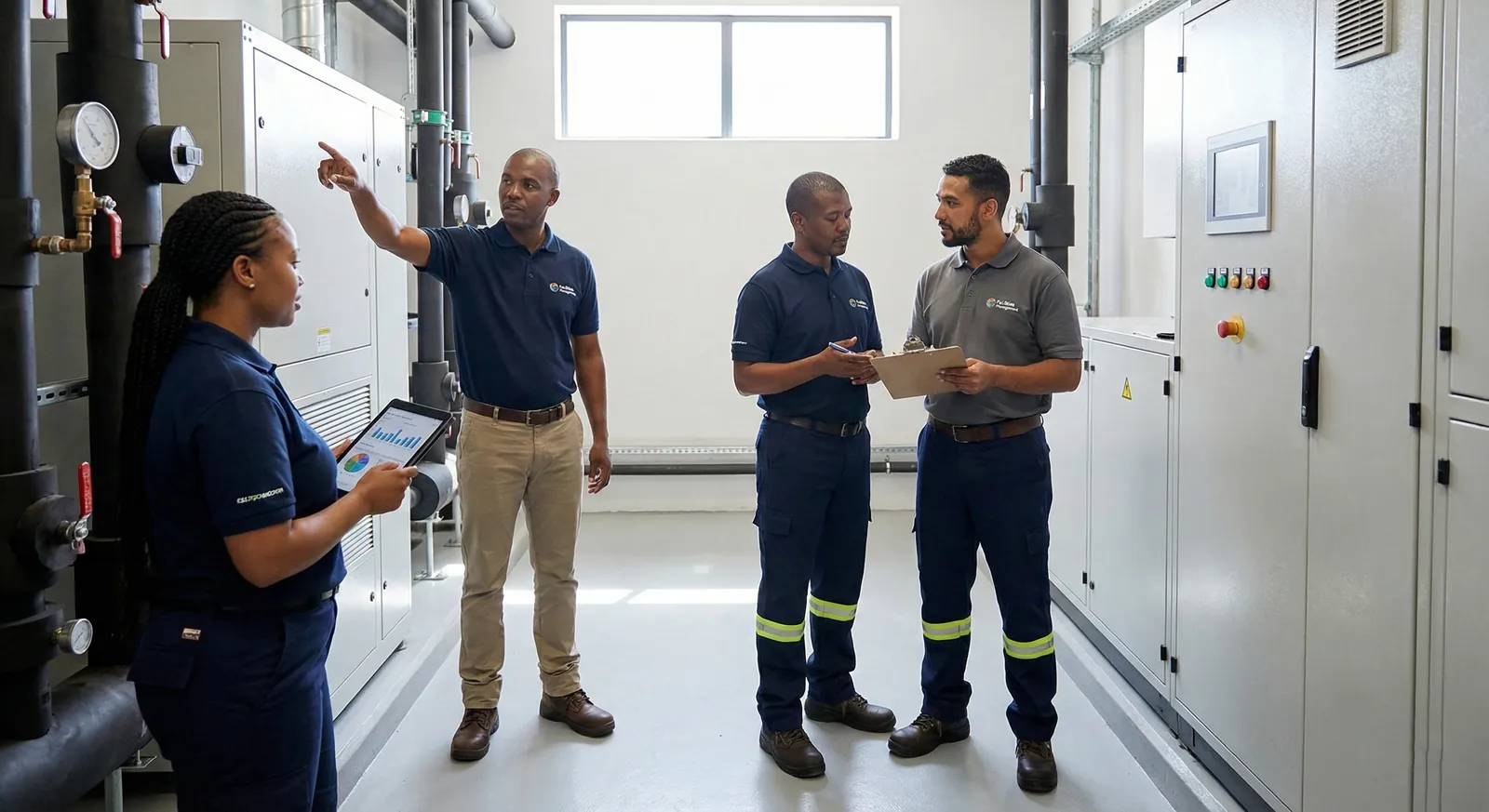 Facilities team inspecting building services in a plant room