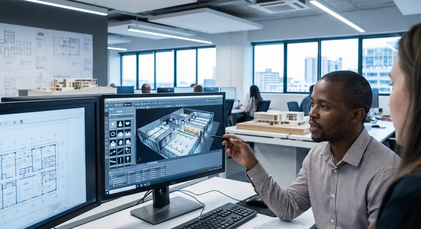 Lighting designer reviewing a 3D lighting model and floor plans