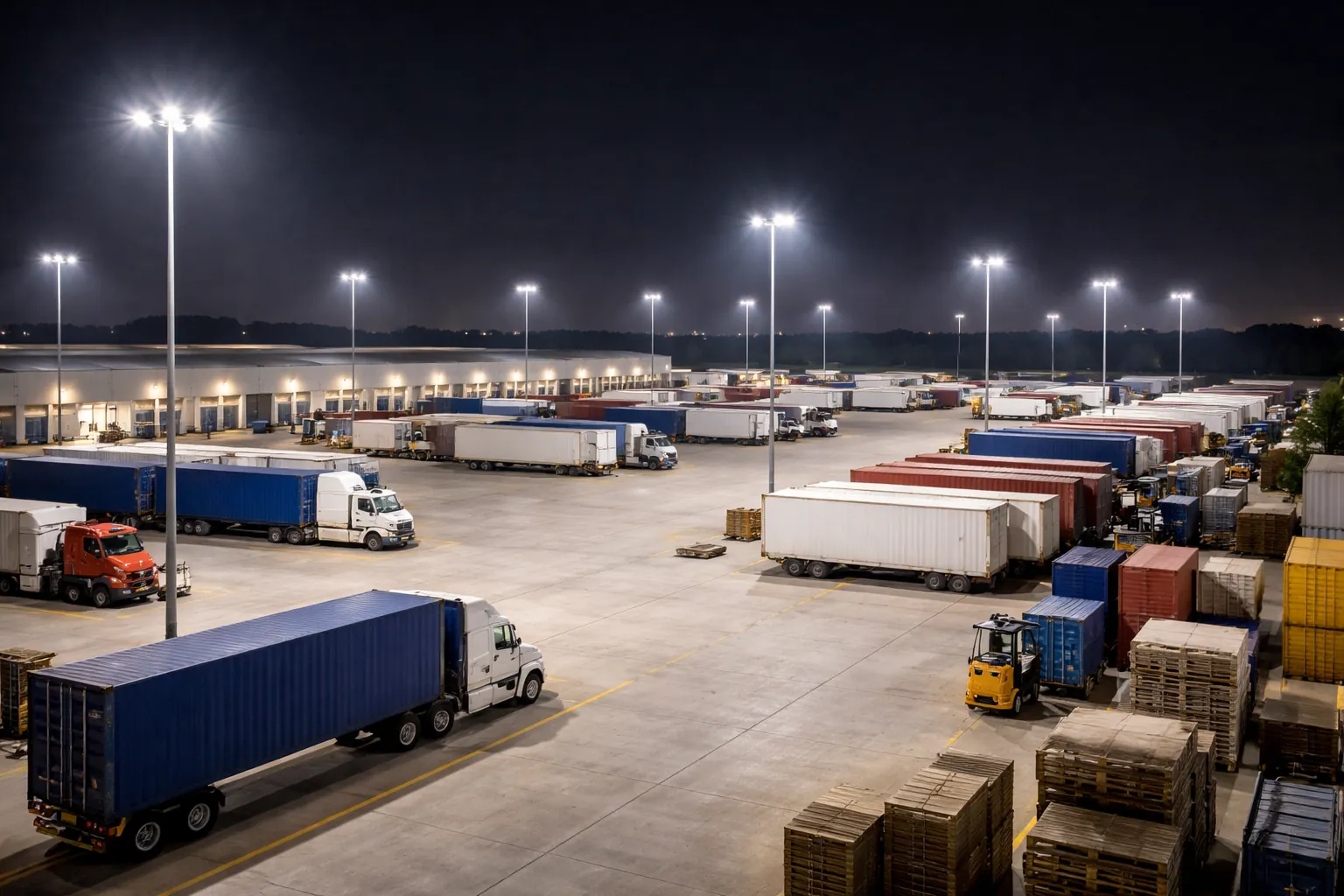 Floodlighting over a logistics yard at dusk
