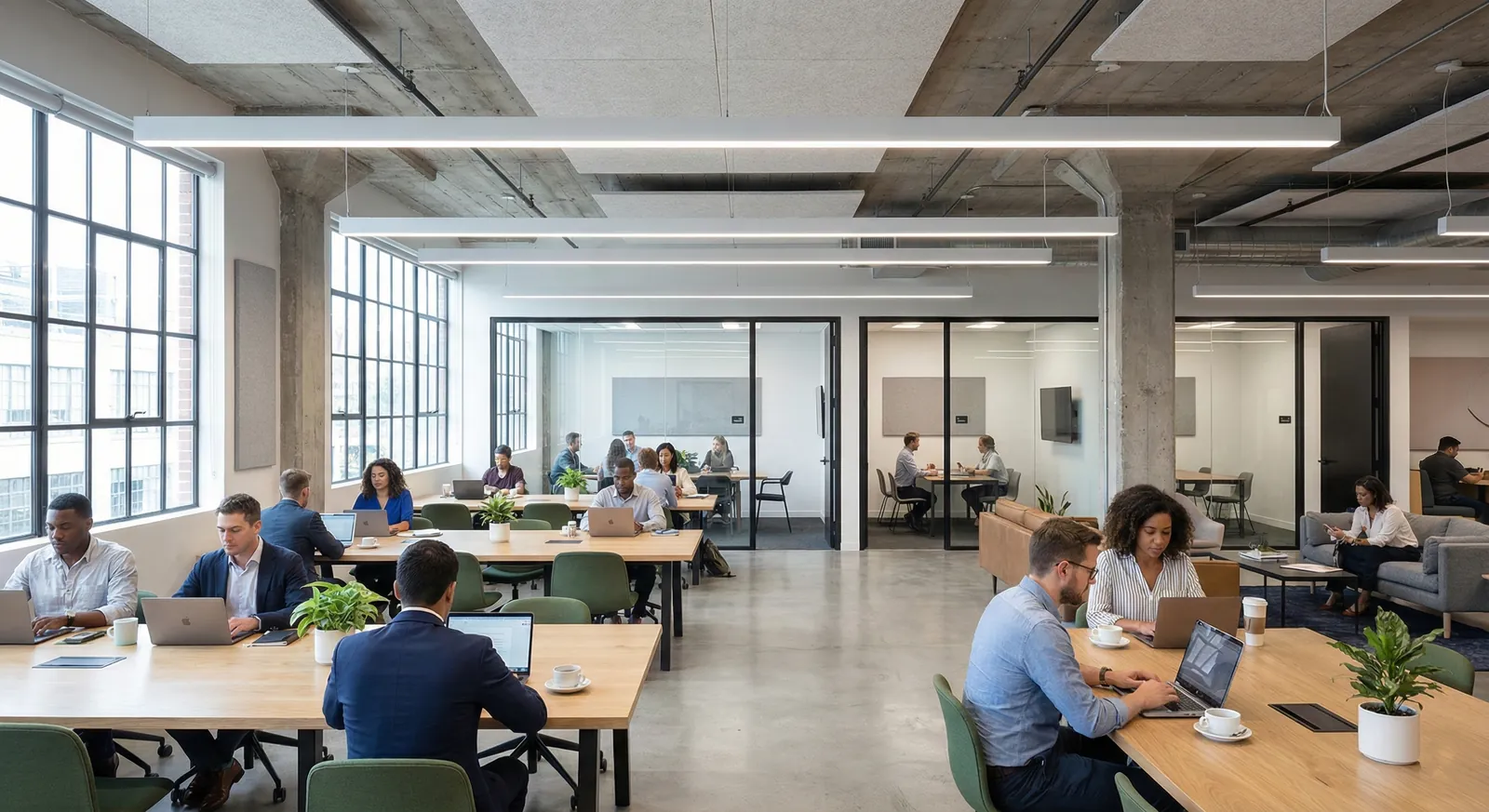 LED panel lighting in a commercial office interior