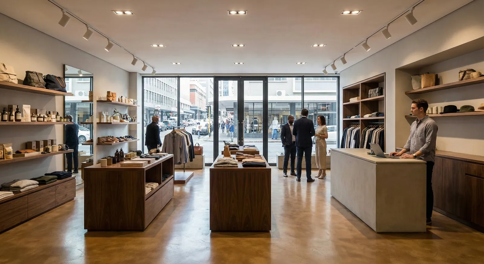 Retail interior lit with track and downlighting