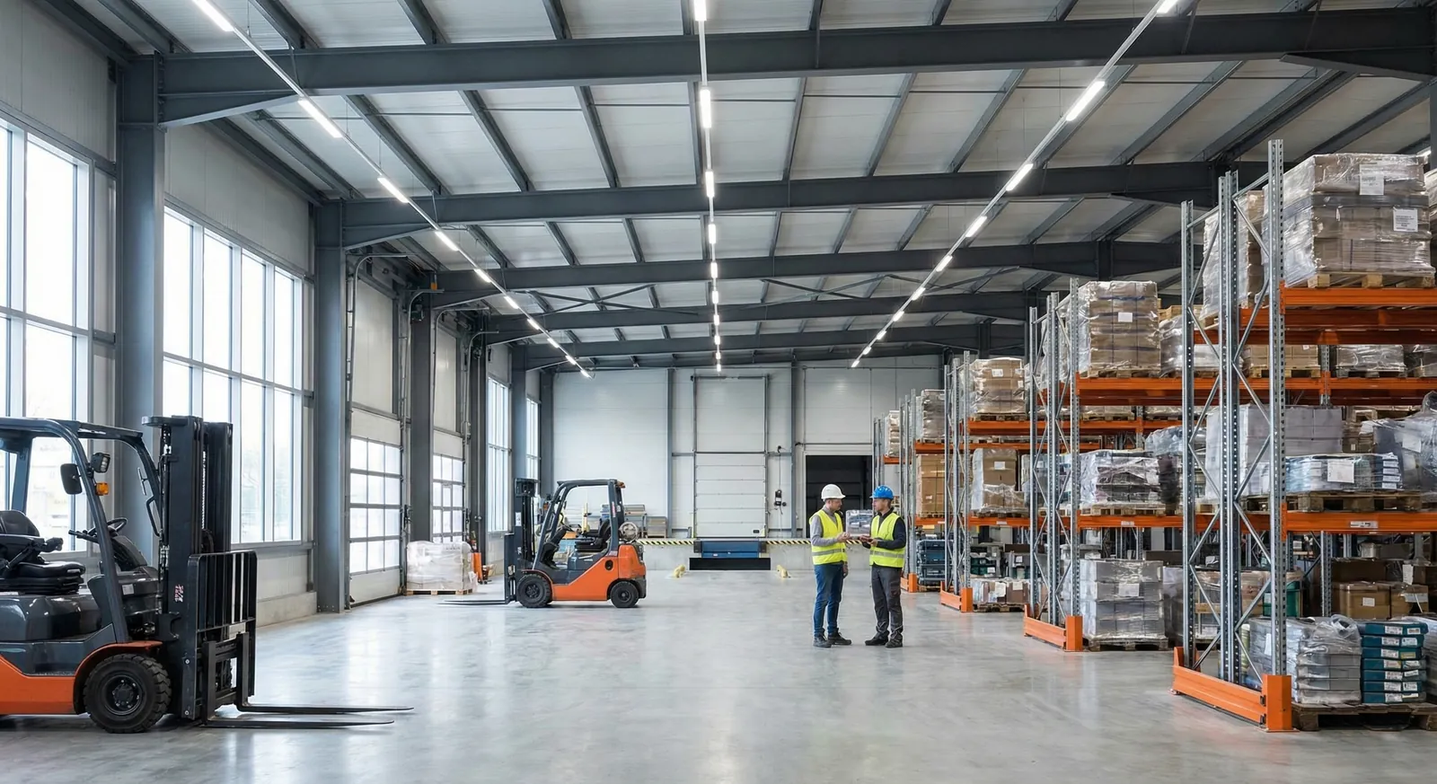 LED high bay lighting in a warehouse aisle
